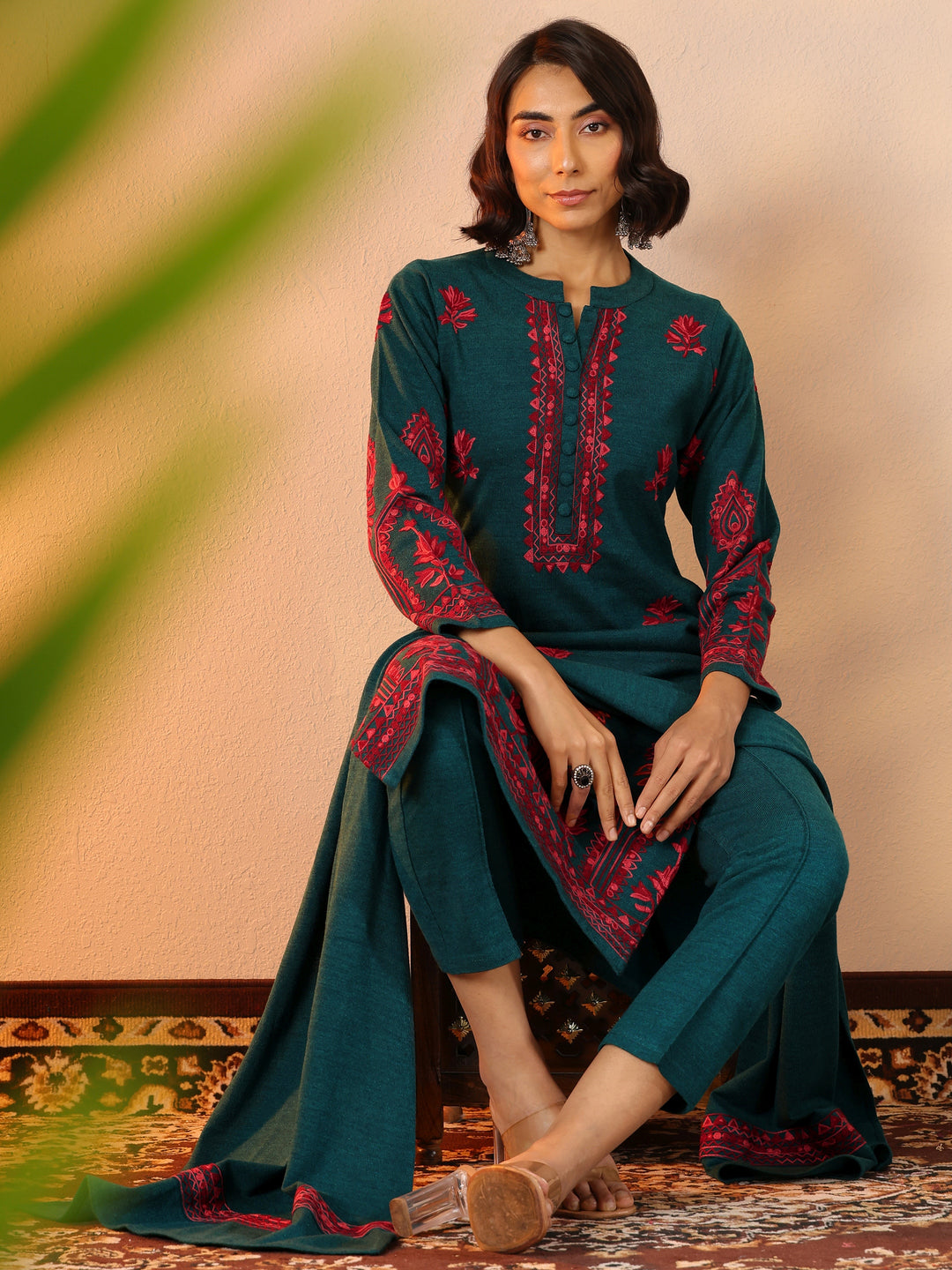 Green Embroidered Wool Straight Suit Set With Dupatta