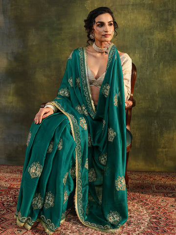 Green Ethnic Embellished Satin Saree With Unstitched Blouse Piece