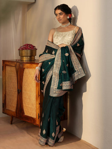 Green Ethnic Embellished Tissue Saree