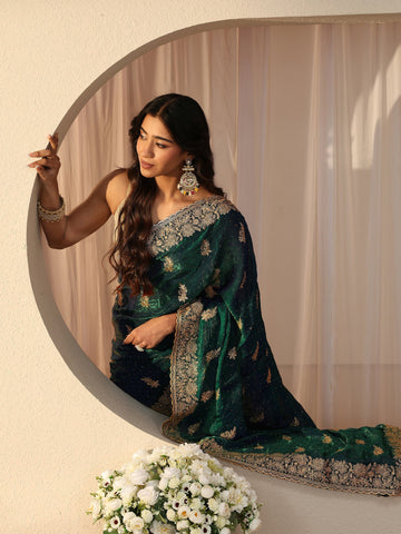 Green Ethnic Embellished Tissue Saree