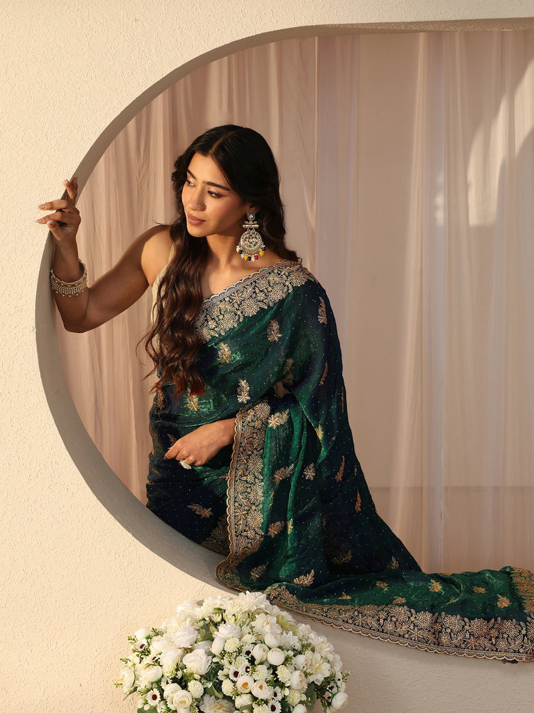 Libas Green Ethnic Embellished Tissue Saree