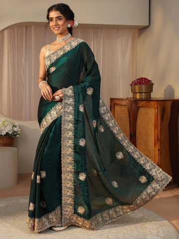 Green Ethnic Embellished Tissue Saree
