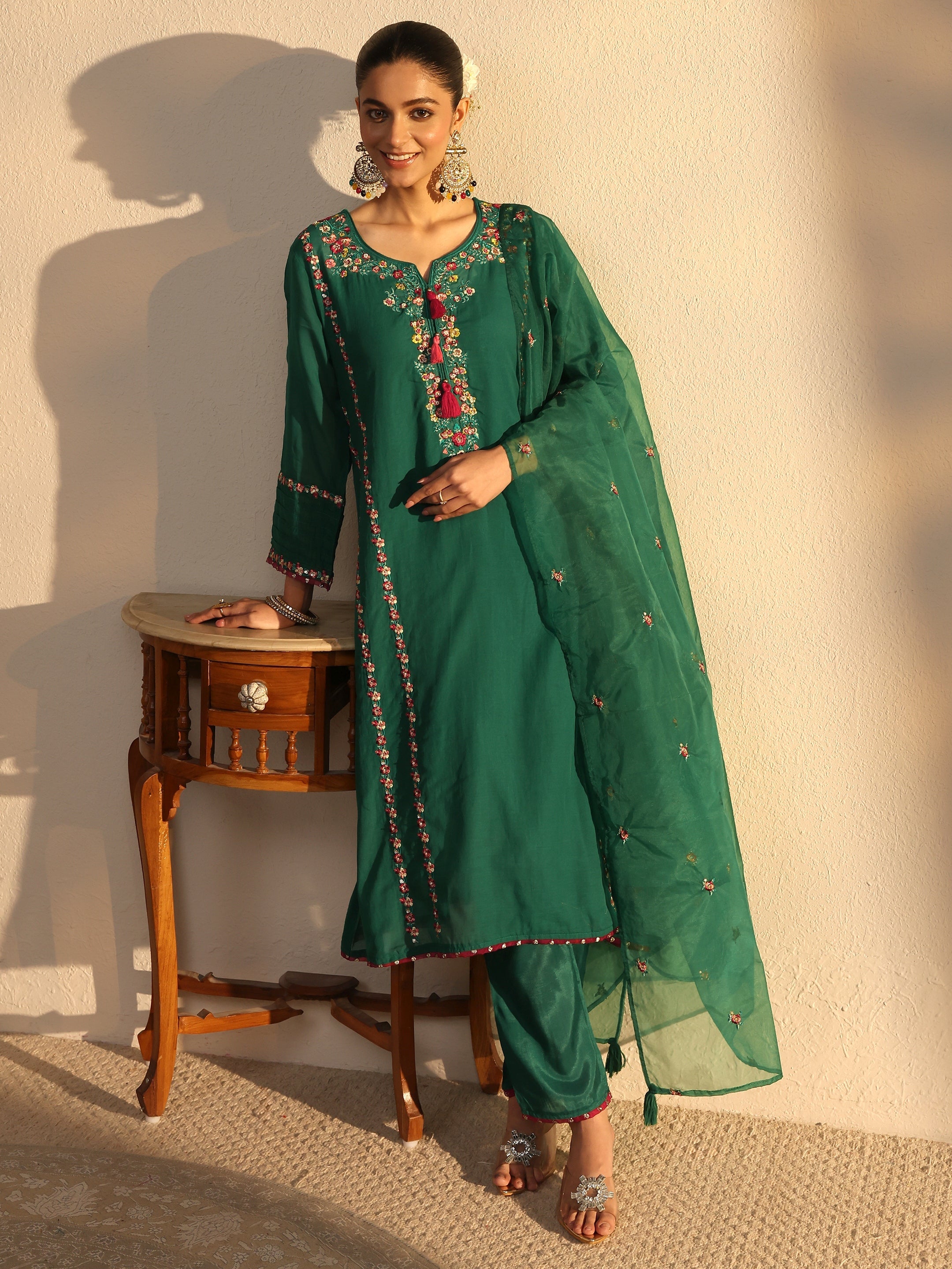 Green Ethnic Embroidered Chanderi Cotton Straight Suits Set With Dupatta-image-41