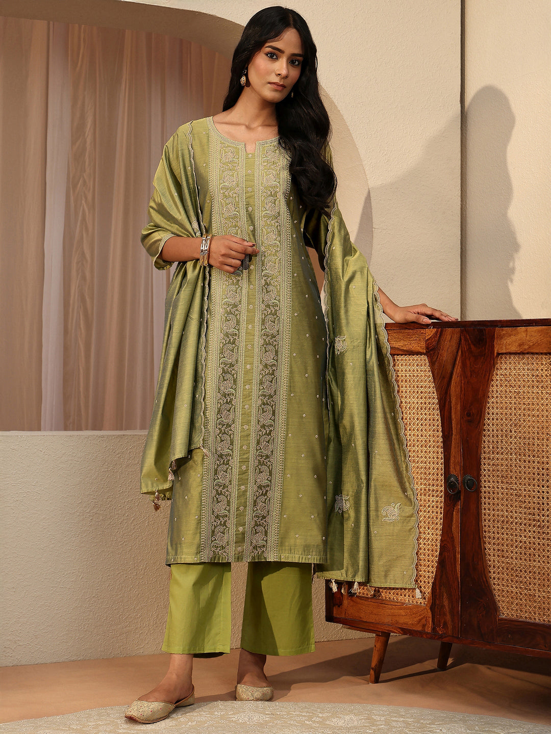 Green Ethnic Embroidered Chanderi Silk Straight Suit Set 