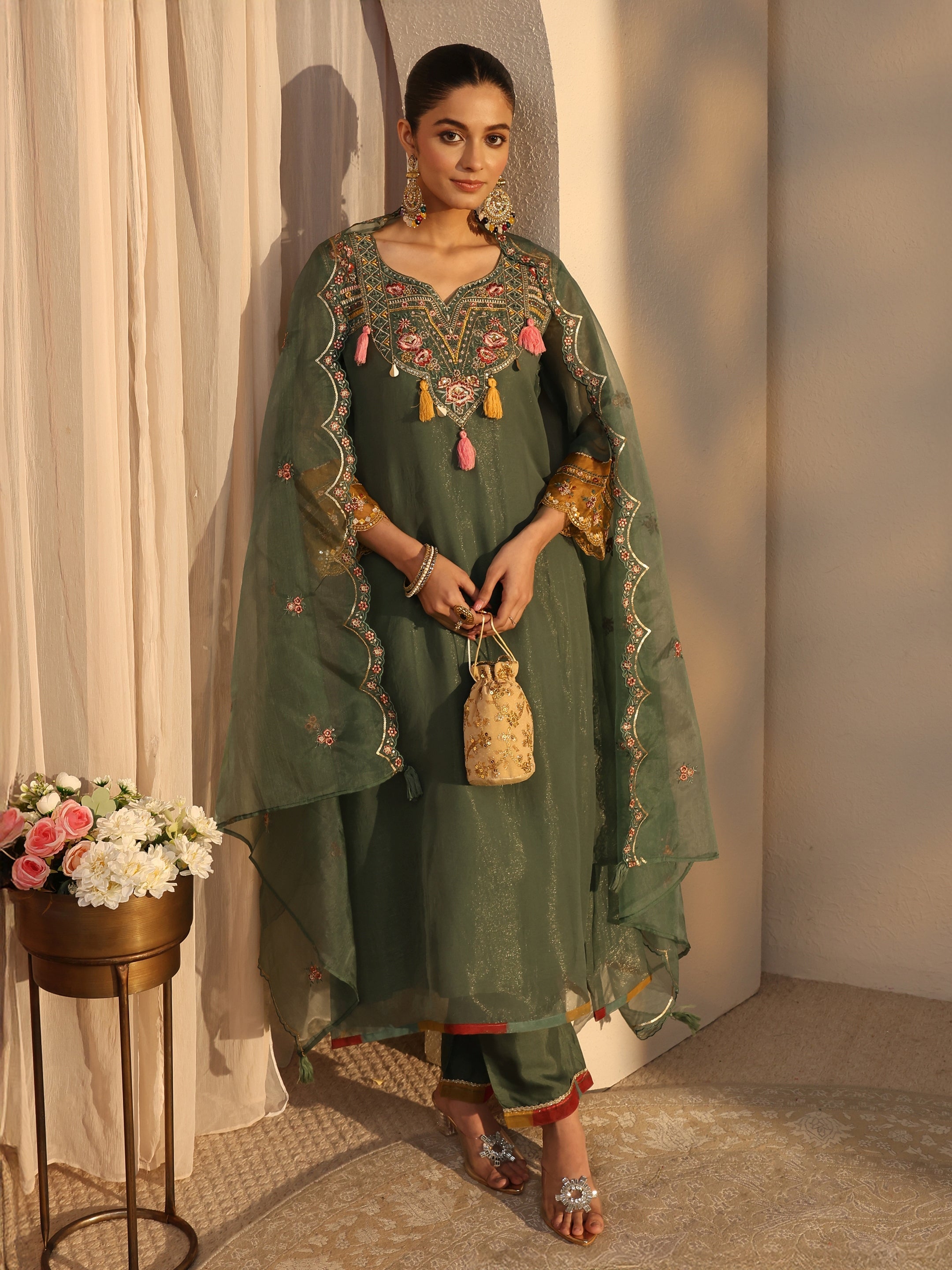 libas Green Ethnic Embroidered Organza A-Line Suits Set With Dupatta-picture-25