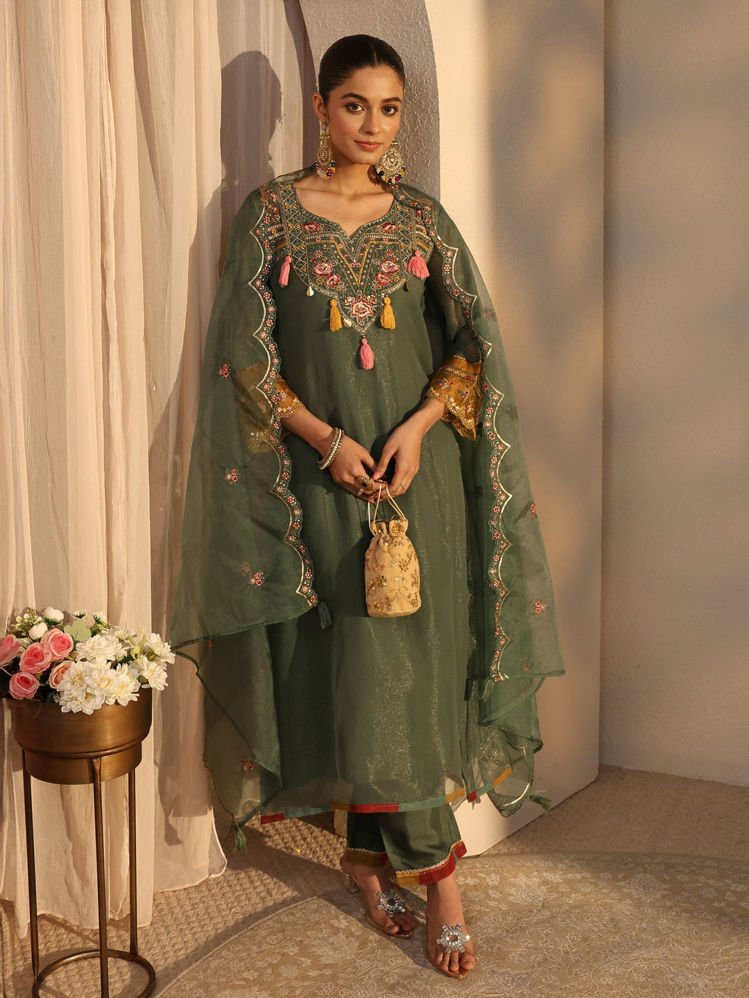  Green Ethnic Embroidered Organza A-Line Suits Set With Dupatta 