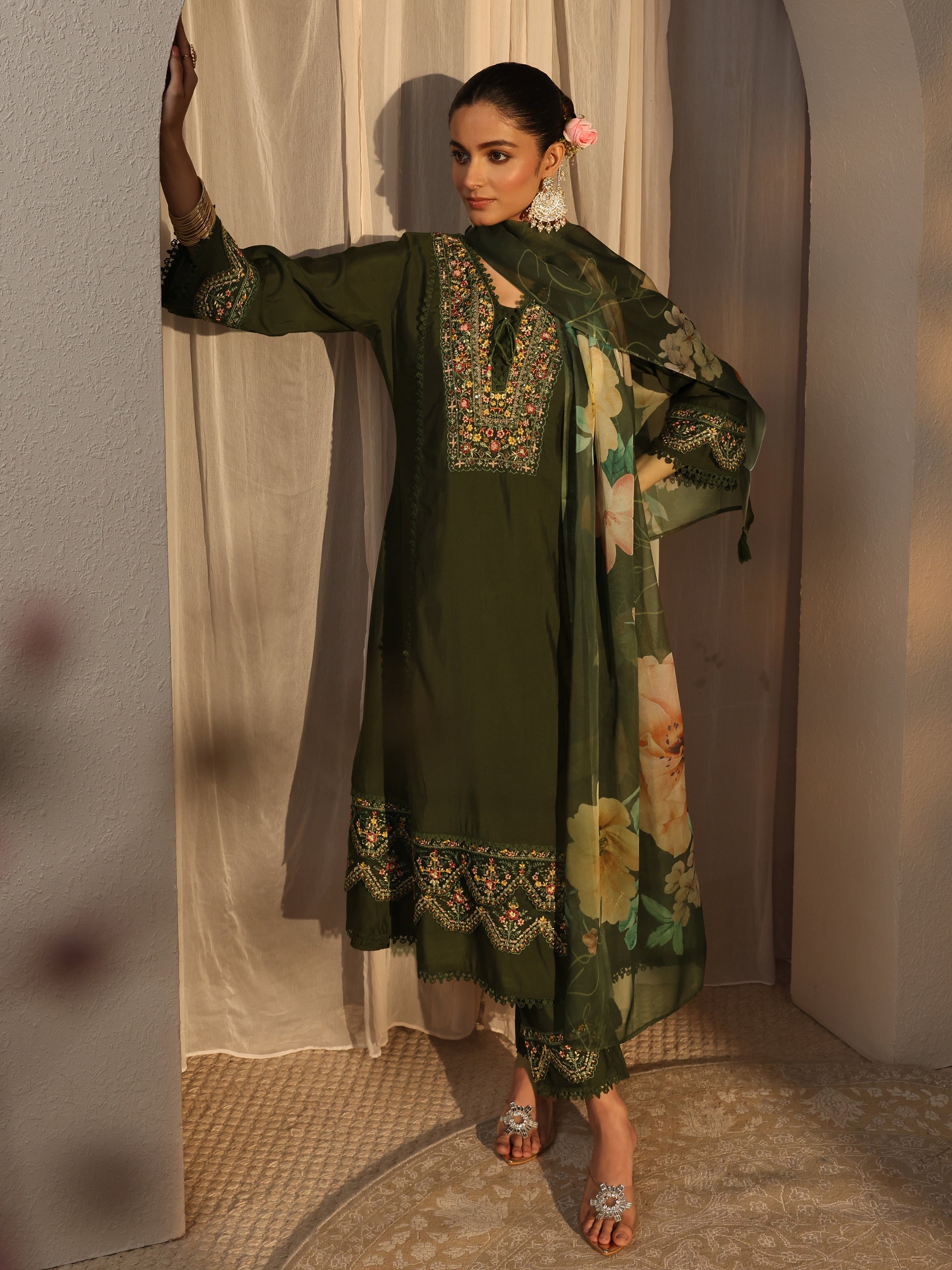 libas Green Ethnic Embroidered Silk Blend A-Line Suits Set With Dupatta-picture-25
