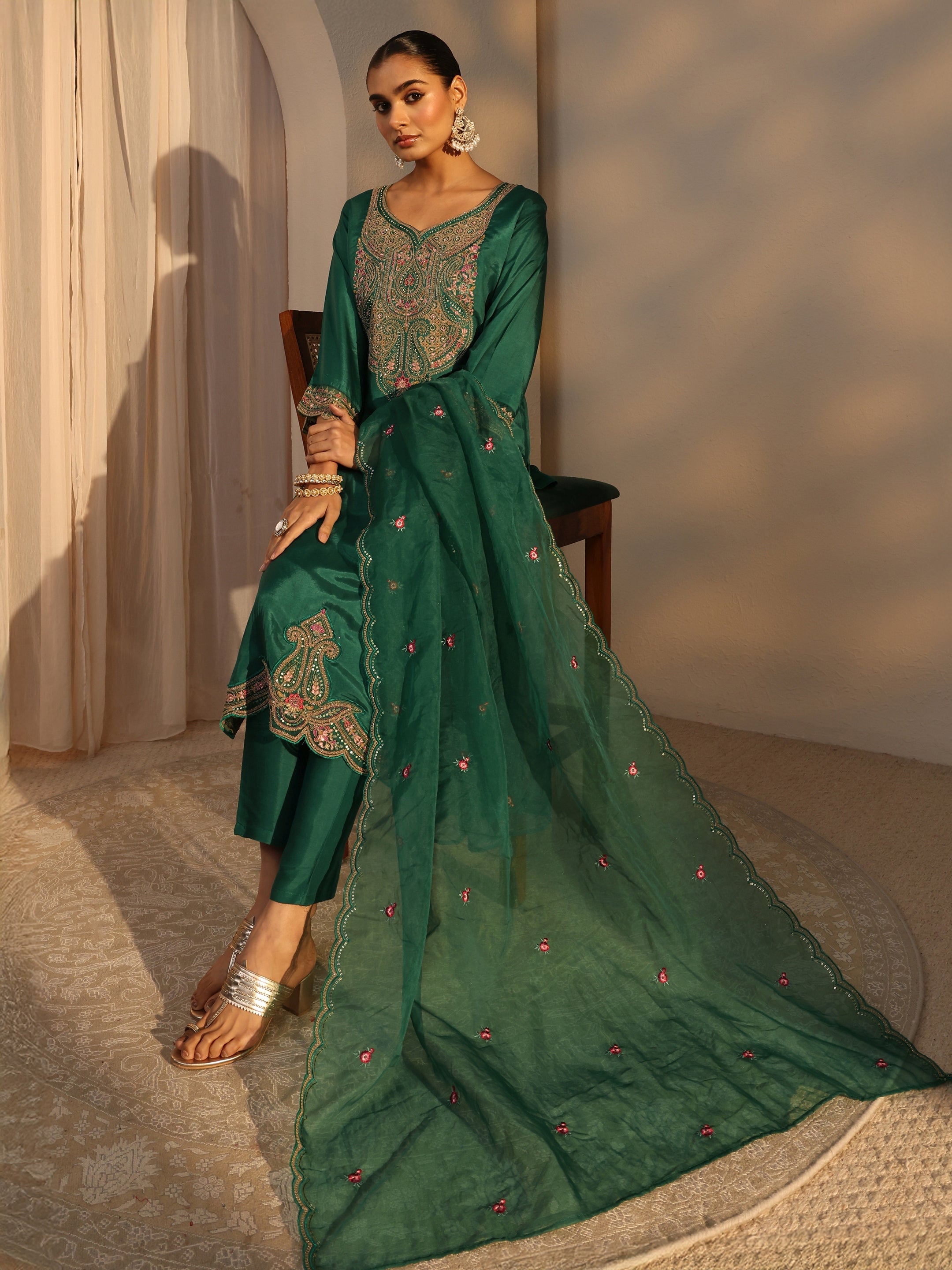 libas Green Ethnic Embroidered Silk Blend Straight Suits Set With Dupatta-picture-28