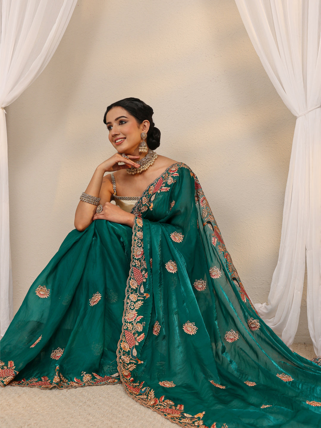  Green Ethnic Embroidered Tissue Saree With Unstitched Blouse Piece 