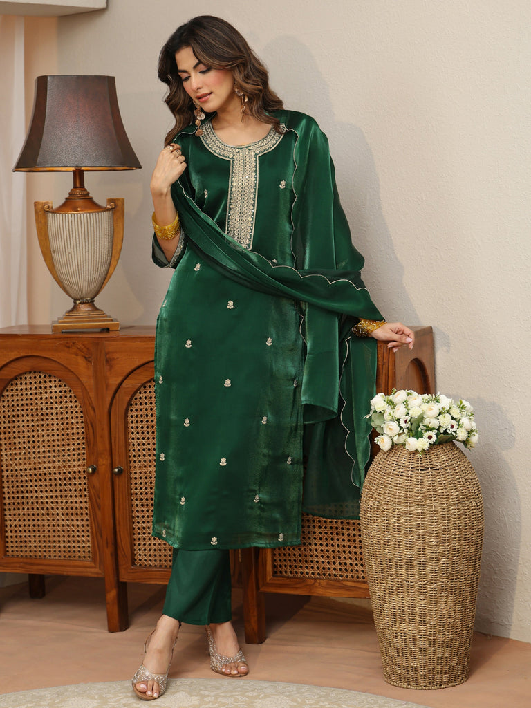 Gerua Green Ethnic Embroidered Tissue Straight Suit Set