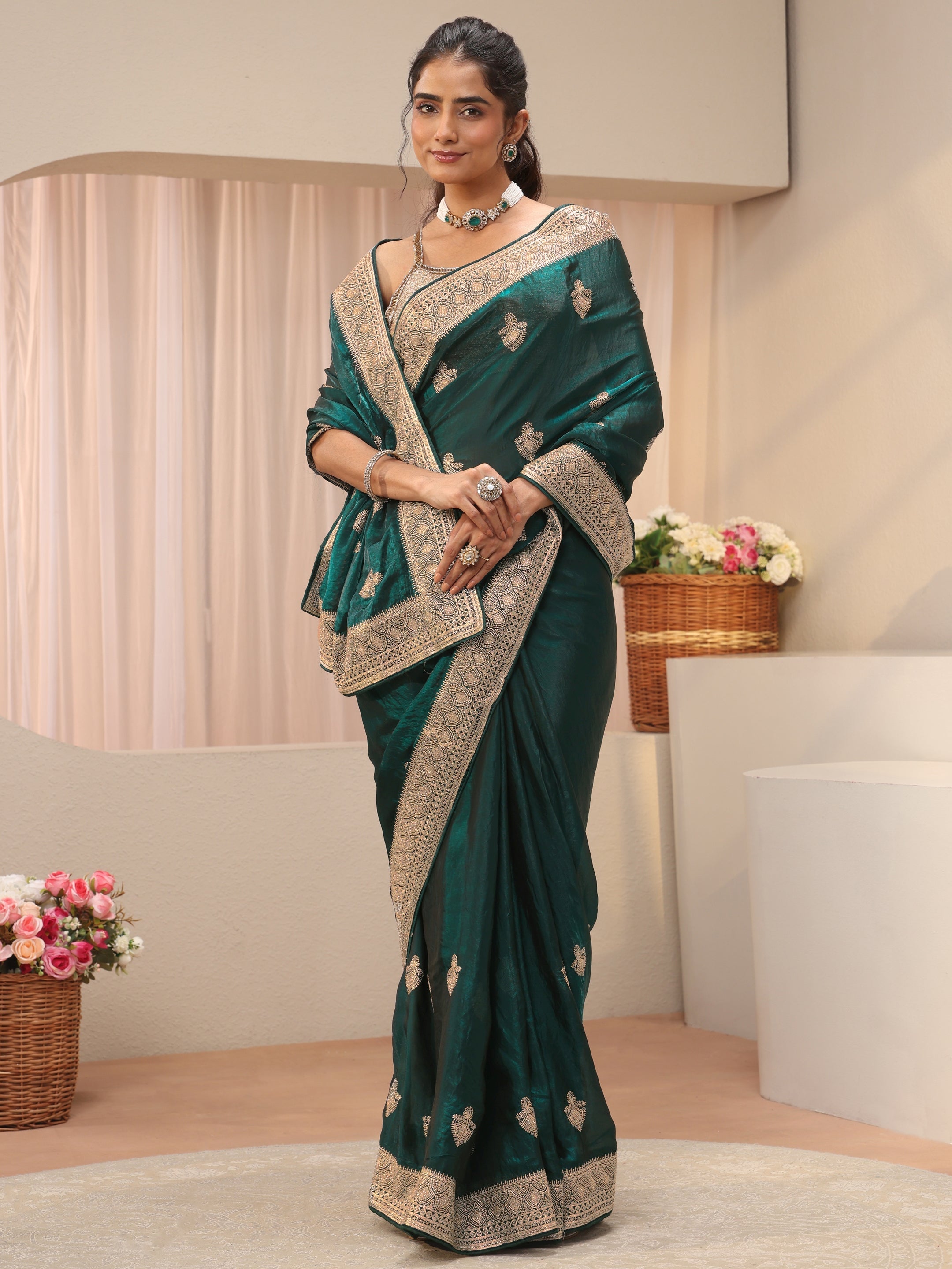 libas Green Ethnic Motif Embroidered Tissue Saree-picture-20