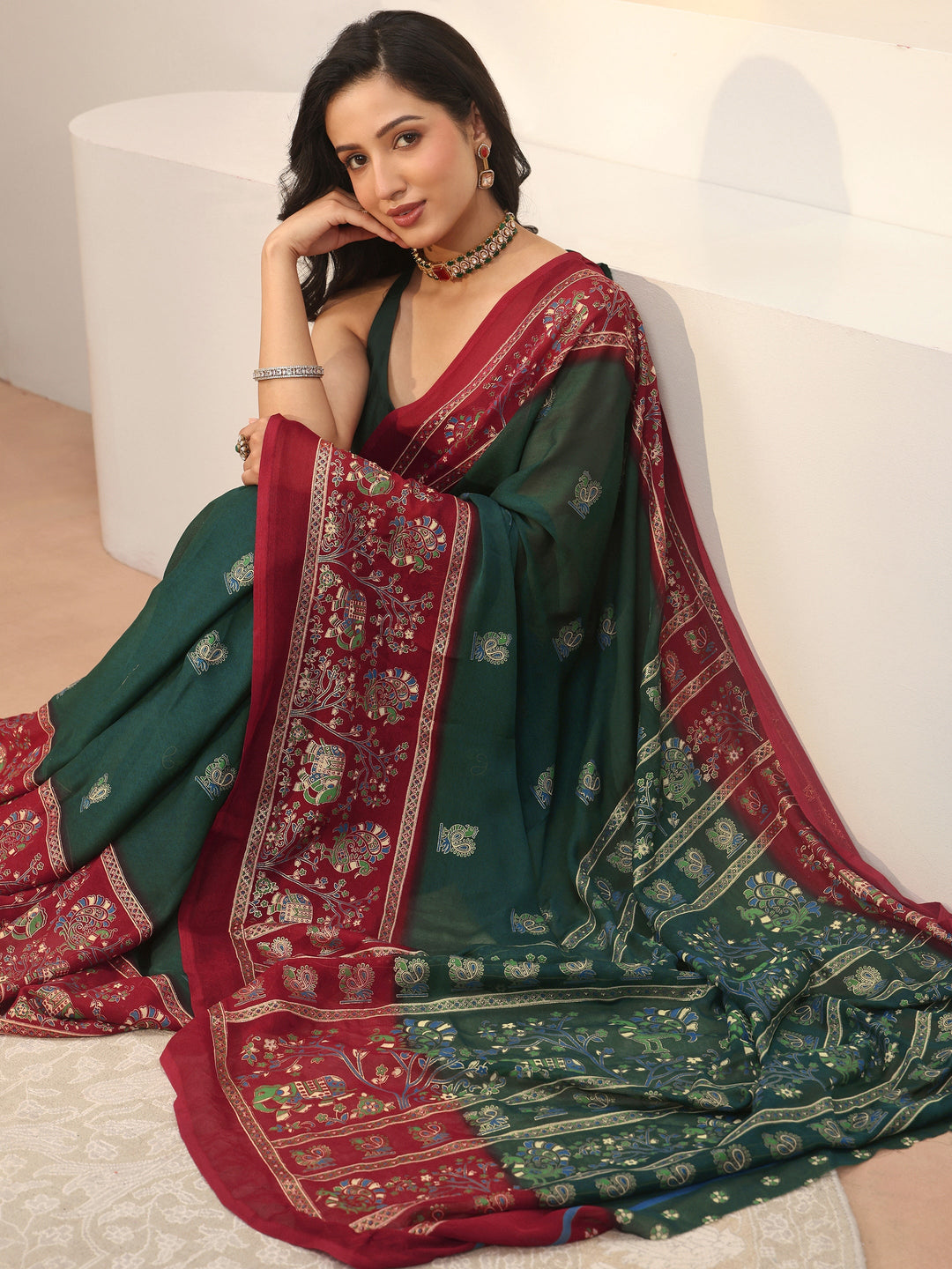  Green Ethnic Motif Printed Georgette Saree 
