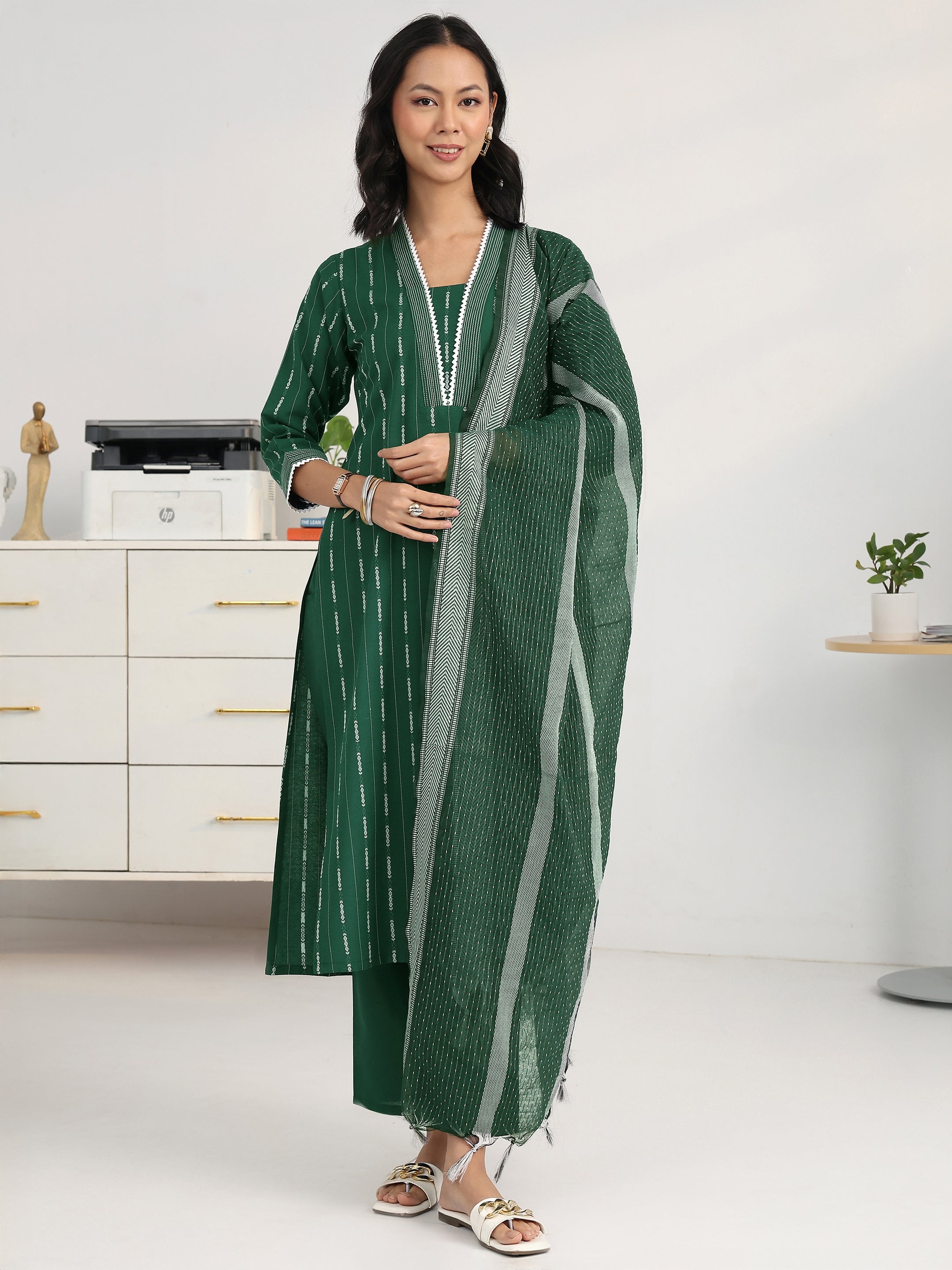 libas Green Ethnic Motif Woven Design Cotton Blend Straight Suit Set With Dupatta-picture-24
