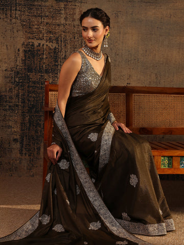 Green Ethnic Motifs Embellished Satin Saree With Unstitched Blouse Piece