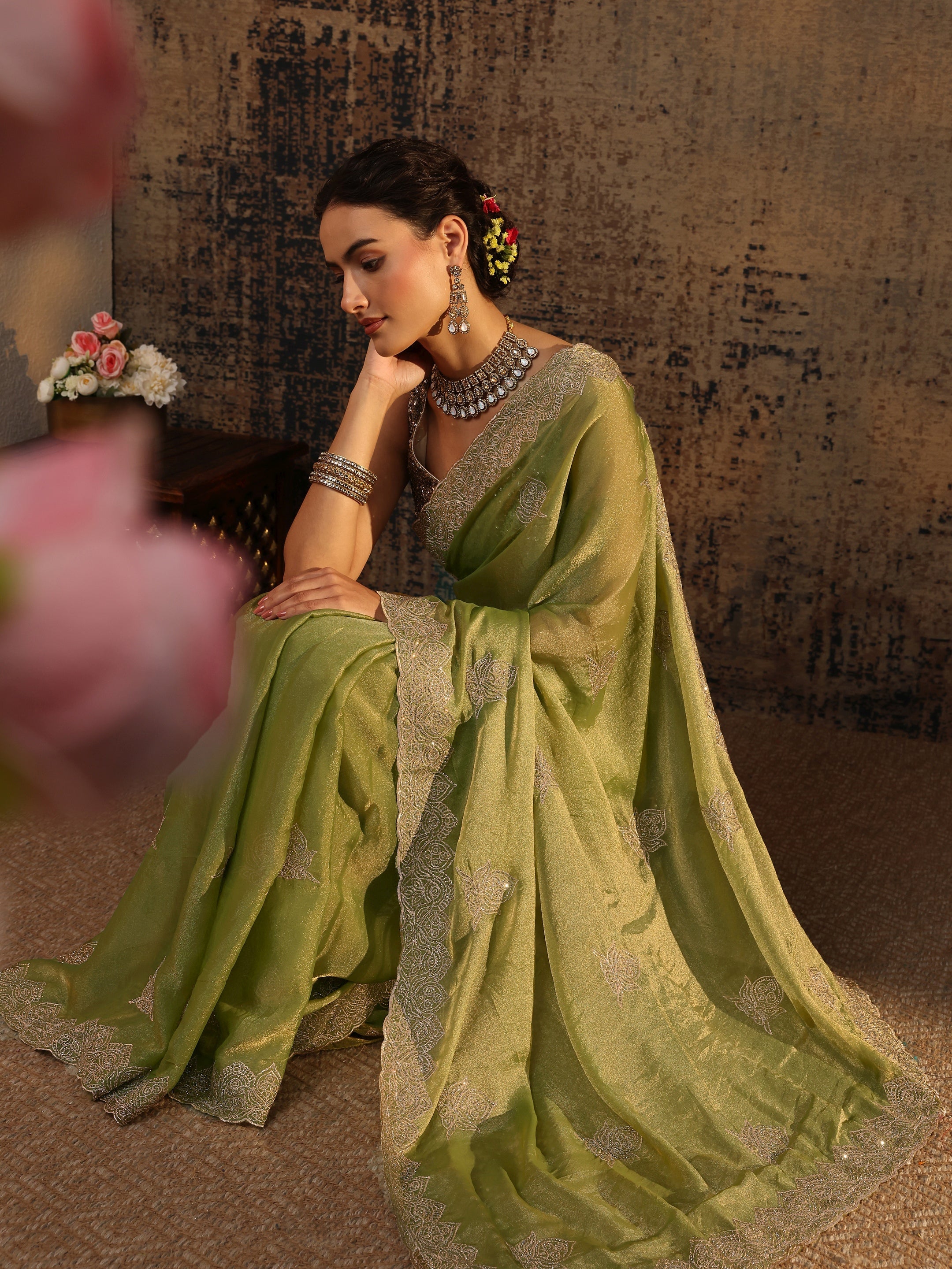 libas Green Ethnic Motifs Embellished Tissue Saree With Unstitched Blouse Piece-picture-64