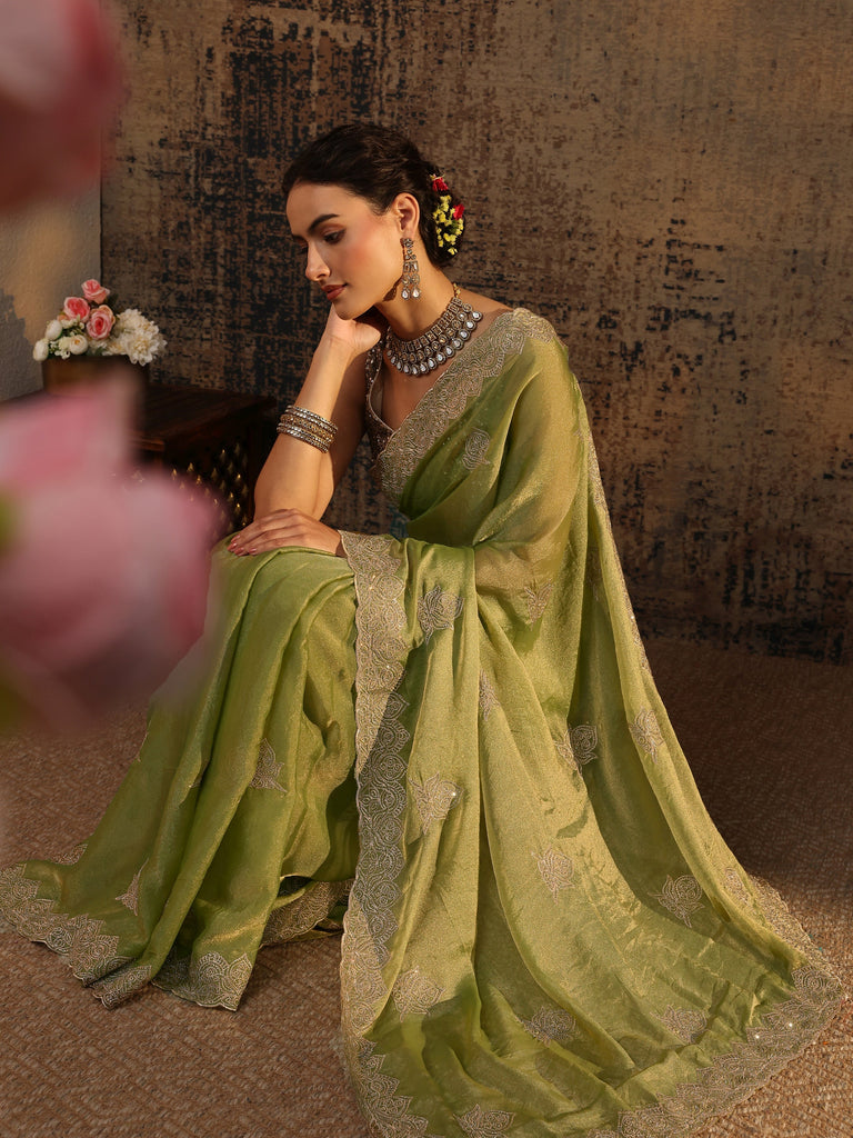 Libas Green Ethnic Motifs Embellished Tissue Saree With Unstitched Blouse Piece