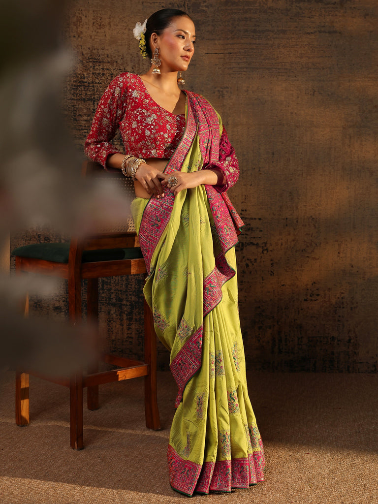 Libas Green Ethnic Motifs Embroidered Silk Blend Saree With Unstitched Blouse Piece