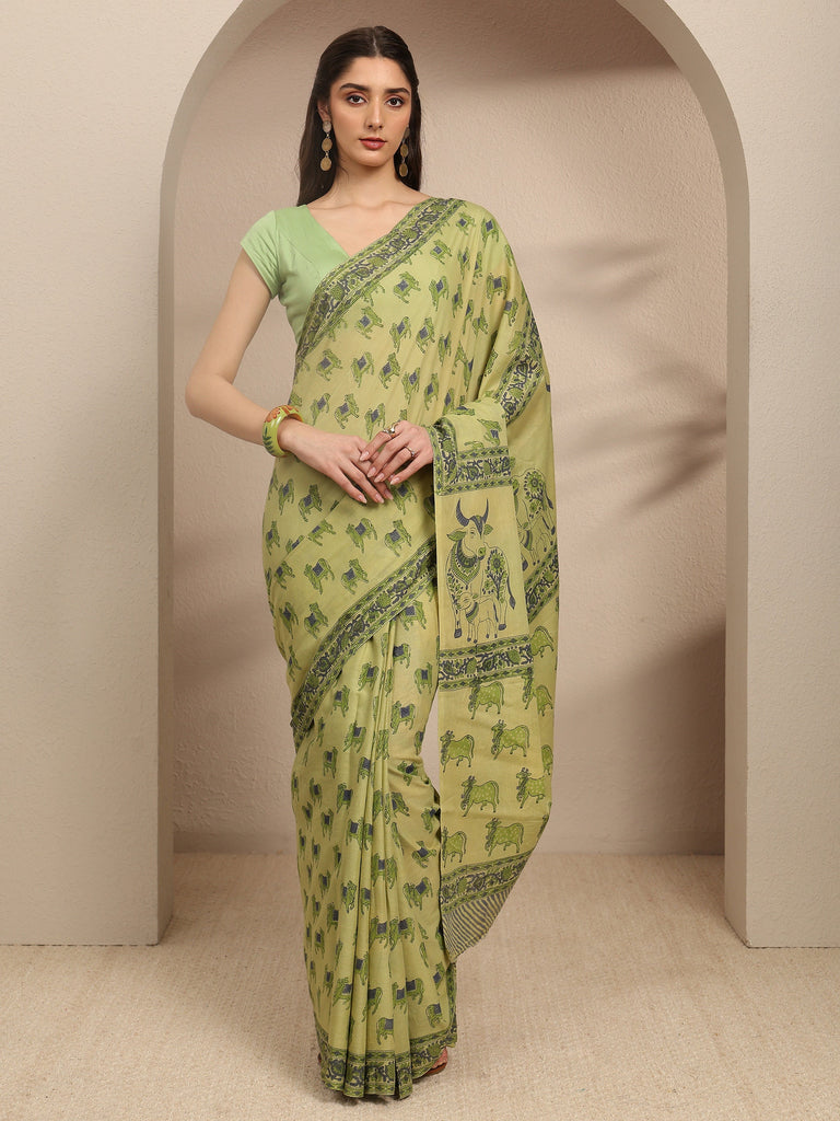 Libas Green Ethnic Motifs Printed Cotton Blend Saree With Unstitched Blouse Piece