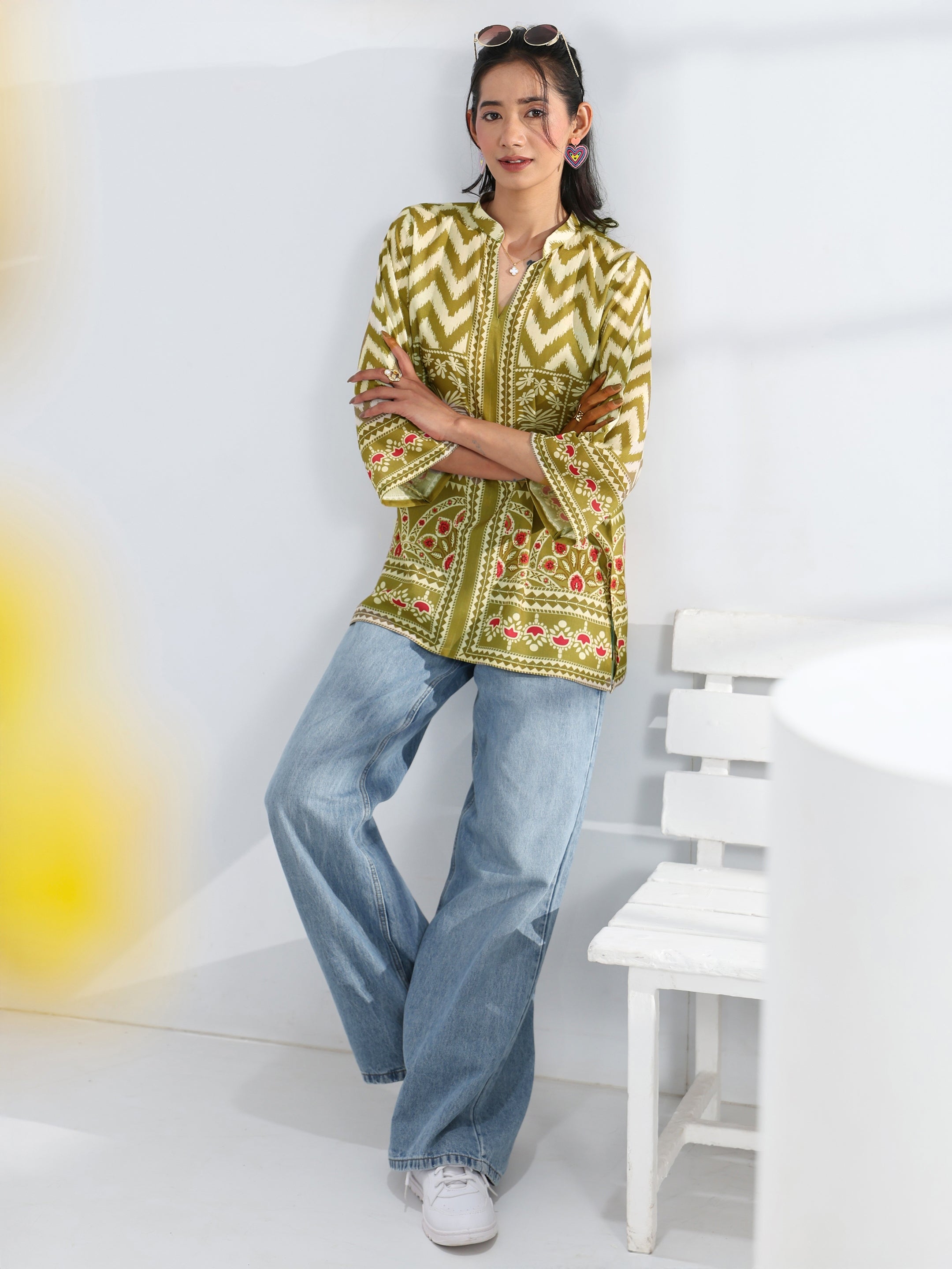 Libas Green Ethnic Printed Cotton Blend Straight Short Kurti