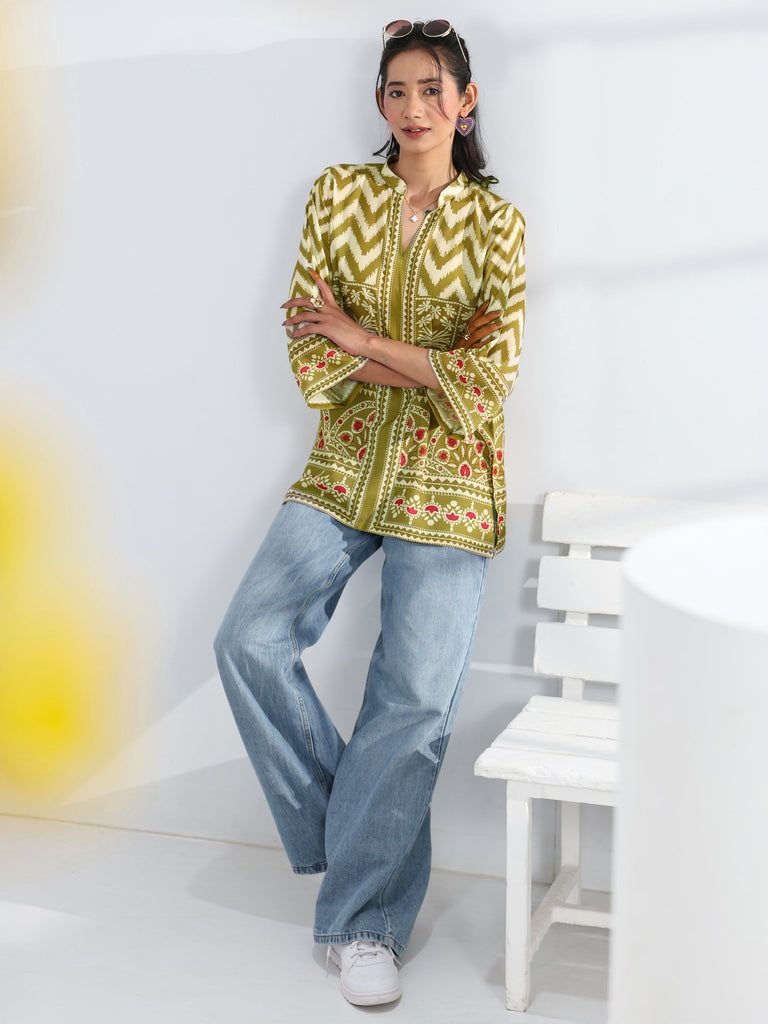 Libas Green Ethnic Printed Cotton Blend Straight Short Kurti