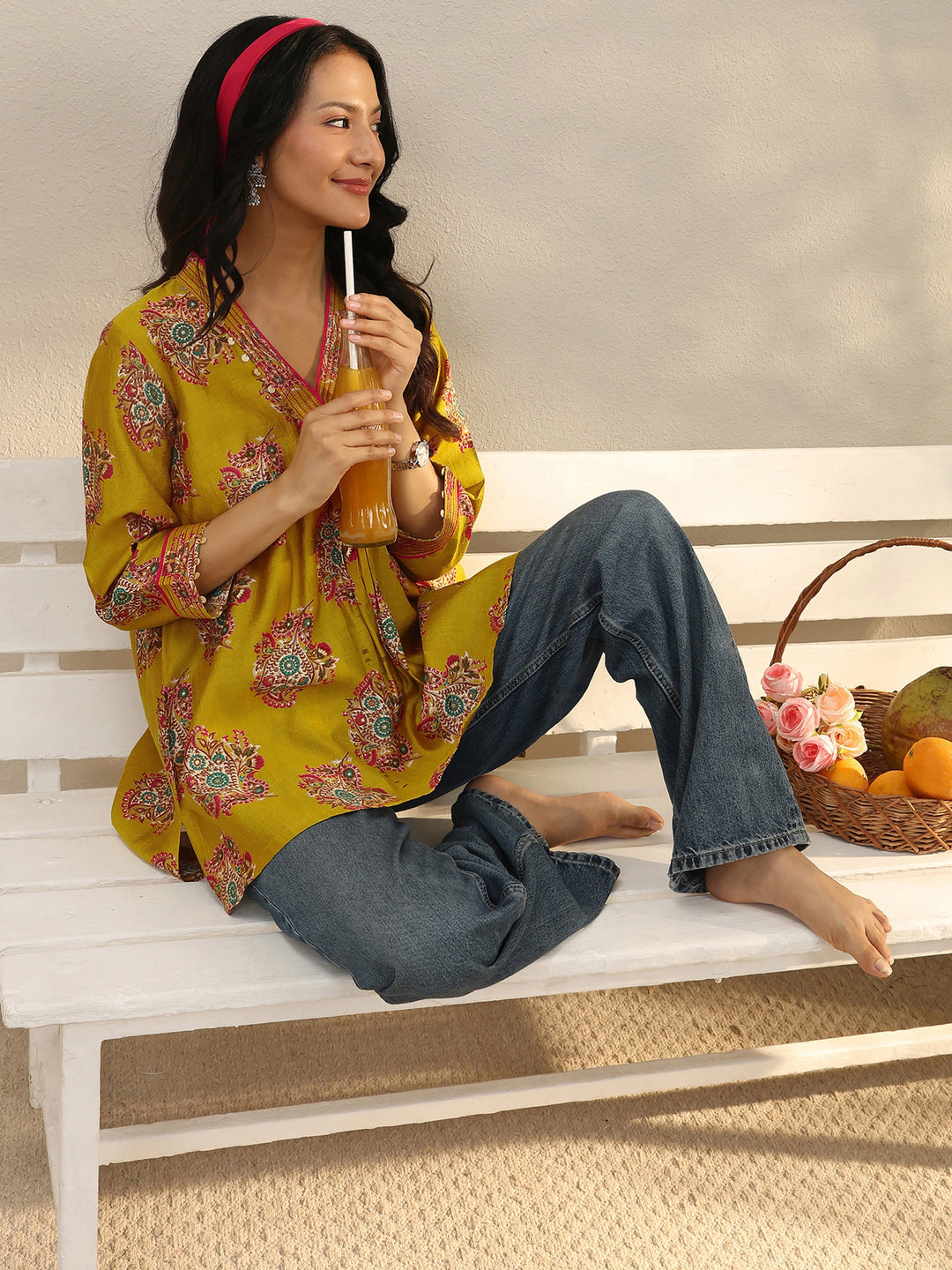  Green Ethnic Printed Silk Blend A-Line Short Kurti 