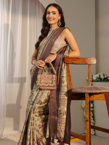 Green Ethnic Printed Silk Blend Saree With Unstitched Blouse Piece