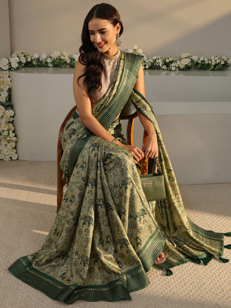 Libas Green Ethnic Printed Silk Blend Saree With Unstitched Blouse Piece