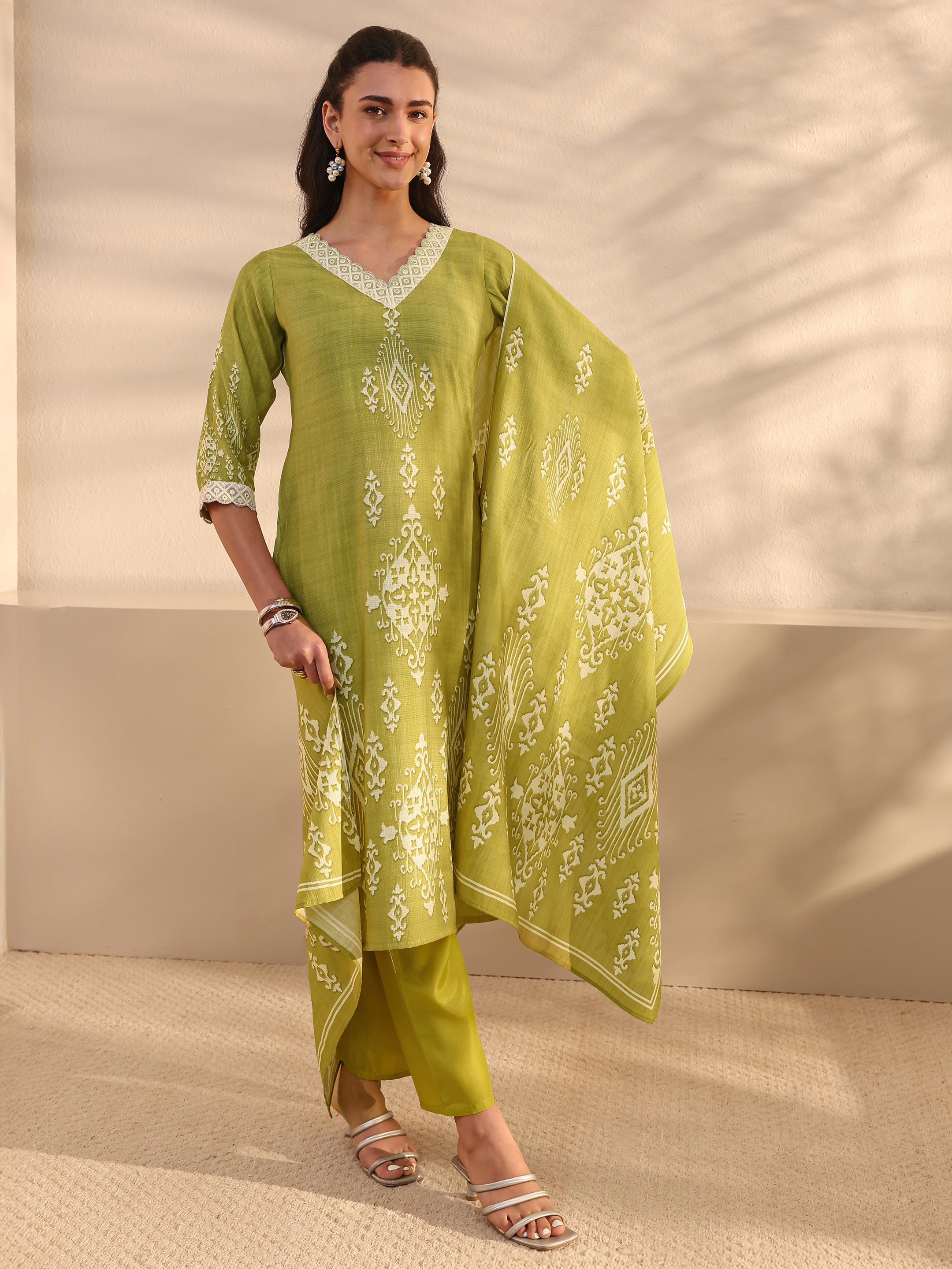 libas Green Ethnic Printed Silk Blend Straight Suits Set With Dupatta-picture-26