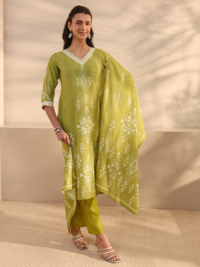 Libas Green Ethnic Printed Silk Blend Straight Suits Set With Dupatta