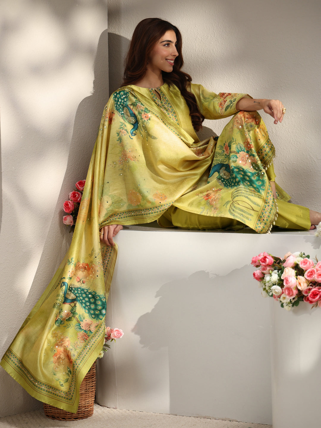  Green Ethnic Printed Silk Blend Straight Suit Set With Dupatta 