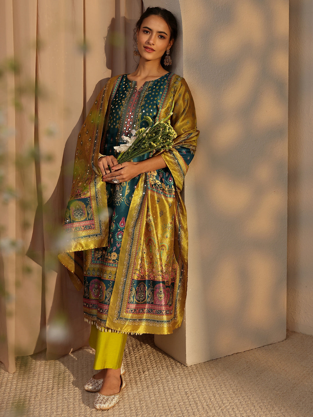  Green Ethnic Printed Silk Blend Straight Suit Set With Dupatta 