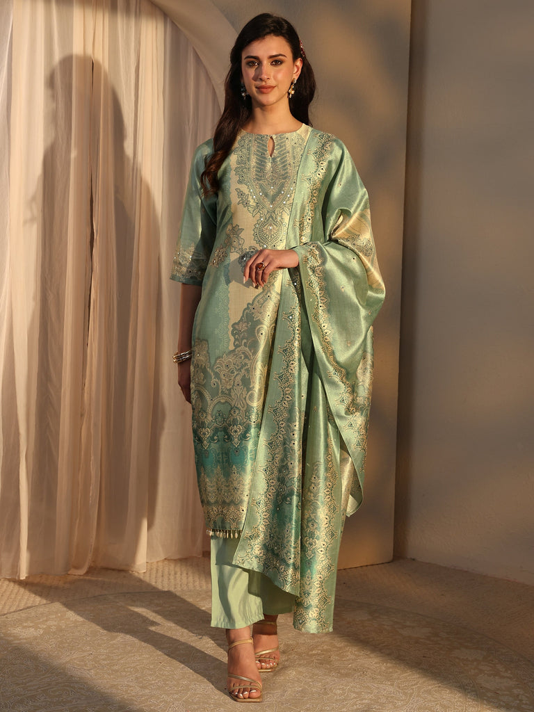 Libas Green Ethnic Printed Silk Blend Straight Suit Set With Dupatta