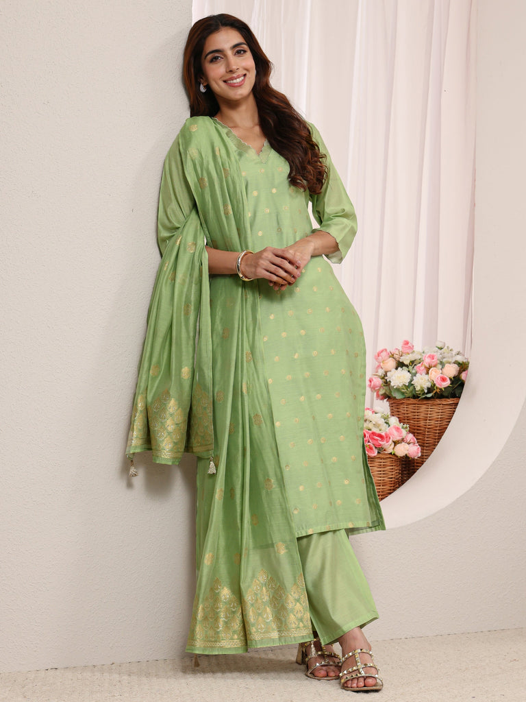 Libas Green Ethnic Woven Design Chanderi Silk Straight Suit Set With Dupatta