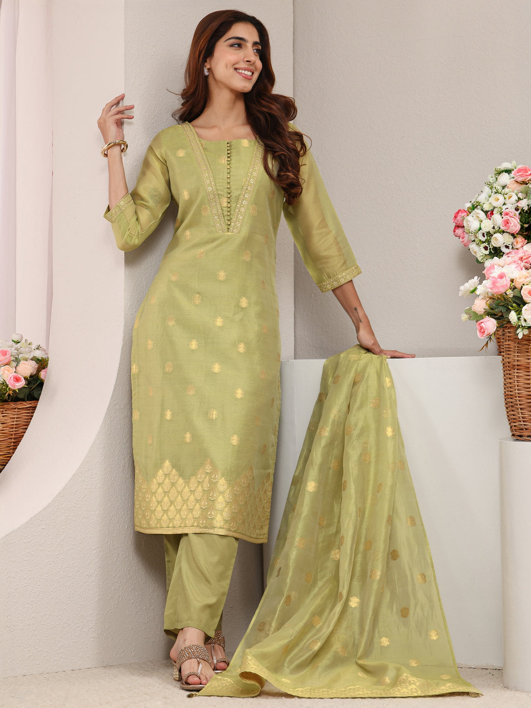  Green Ethnic Woven Design Chanderi Silk Straight Suit Set With Dupatta 