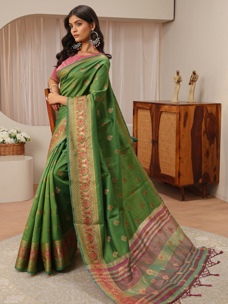 Libas Green Ethnic Woven Design Silk Blend Saree