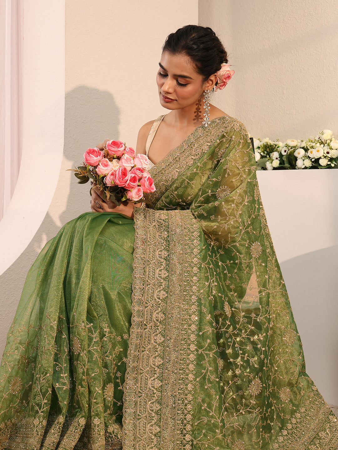  Libas Green Floral Embellished Net Saree With Unstitched Blouse Piece 