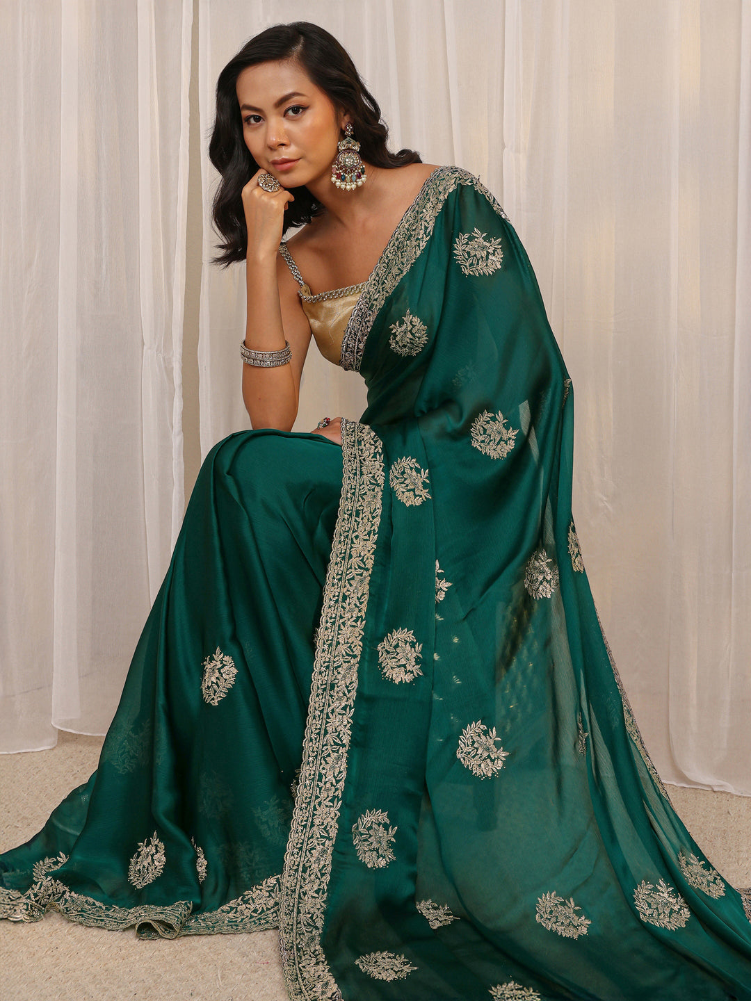 Green Floral Embellished Satin Saree With Unstitched Blouse Piece