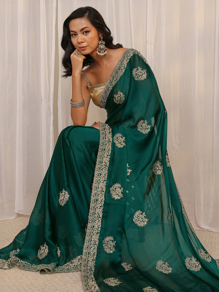 Libas Green Floral Embellished Satin Saree With Unstitched Blouse Piece