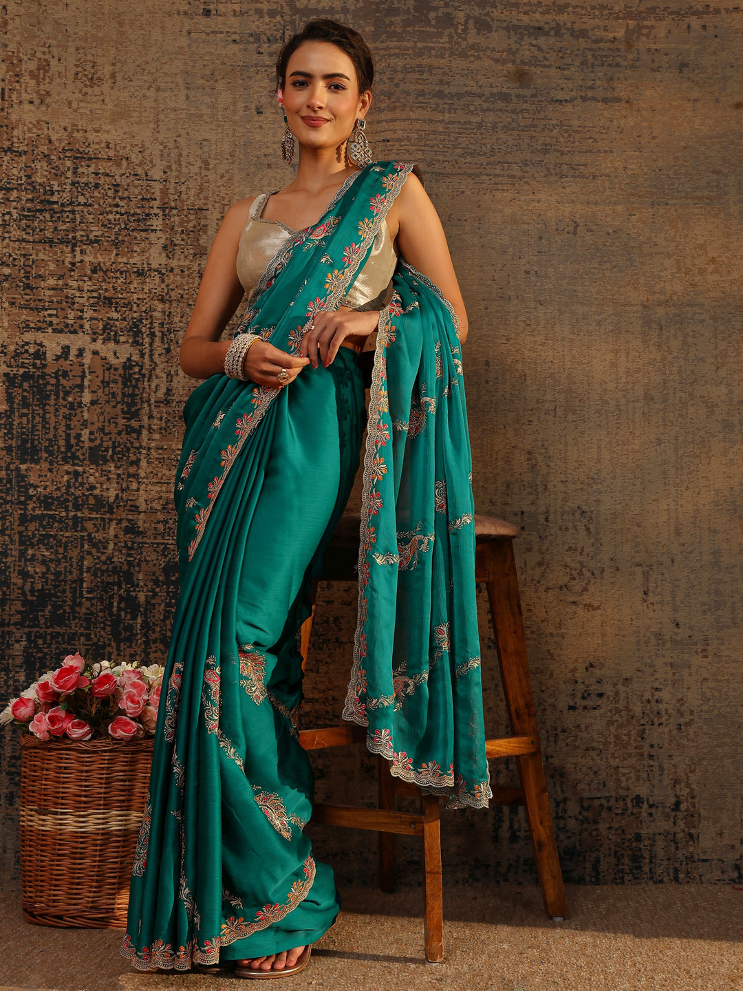 Green Floral Embellished Satin Saree With Unstitched Blouse Piece