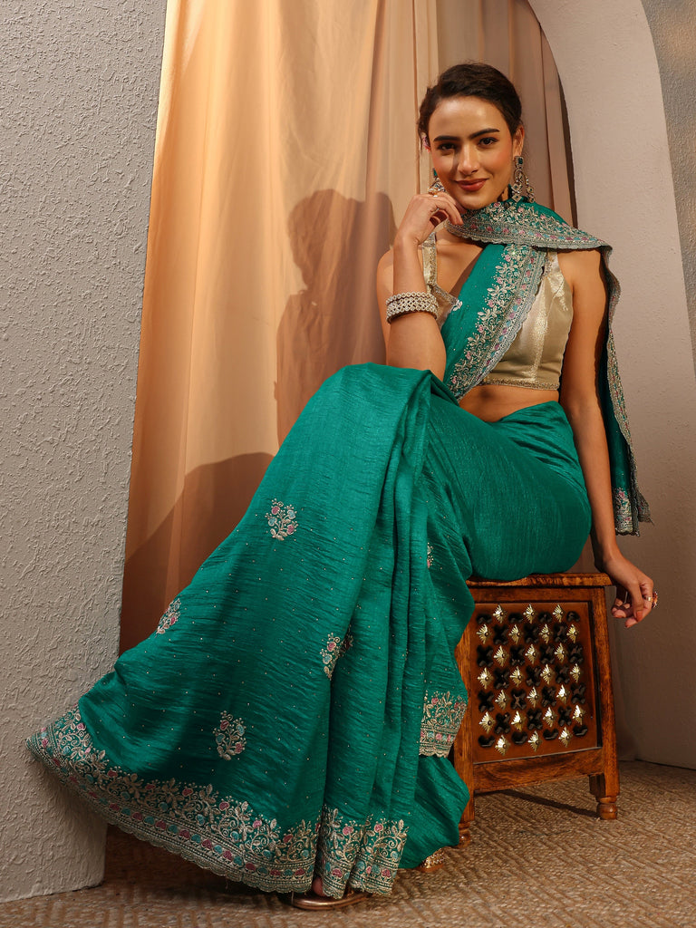 Libas Green Floral Embellished Silk Blend Saree With Unstitched Blouse Piece