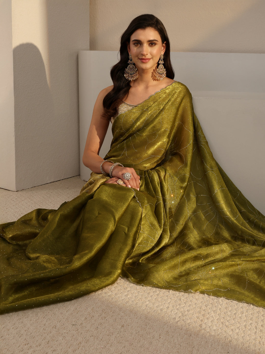 Green Floral Embellished Tissue Saree With Unstitched Blouse Piece