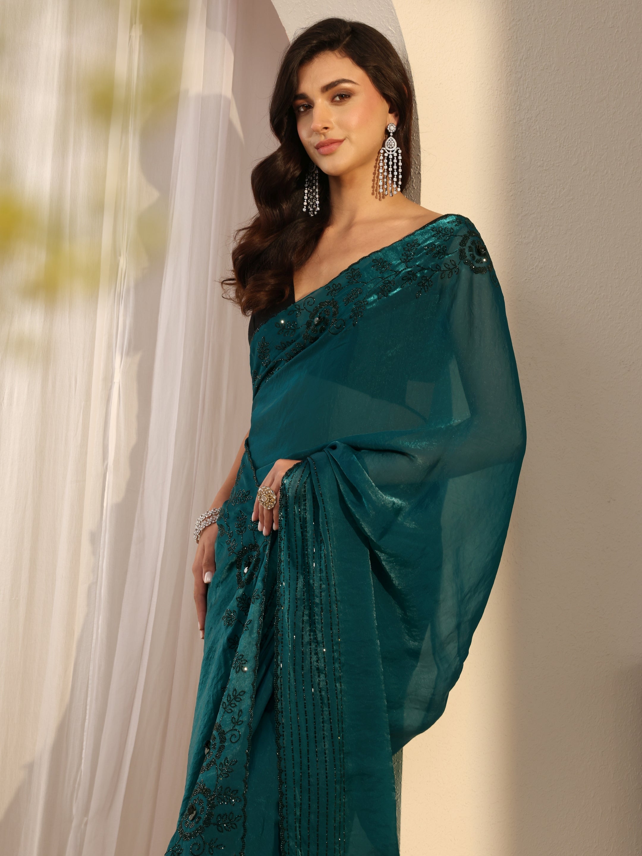 libas Green Floral Embellished Tissue Saree With Unstitched Blouse Piece-picture-42