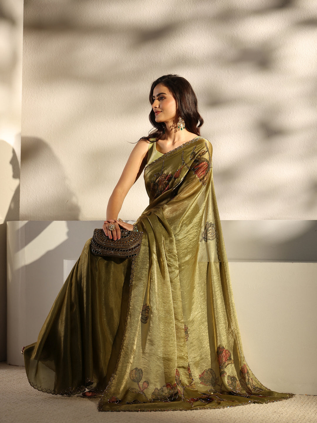 Green Floral Embellished Tissue Saree With Unstitched Blouse Piece