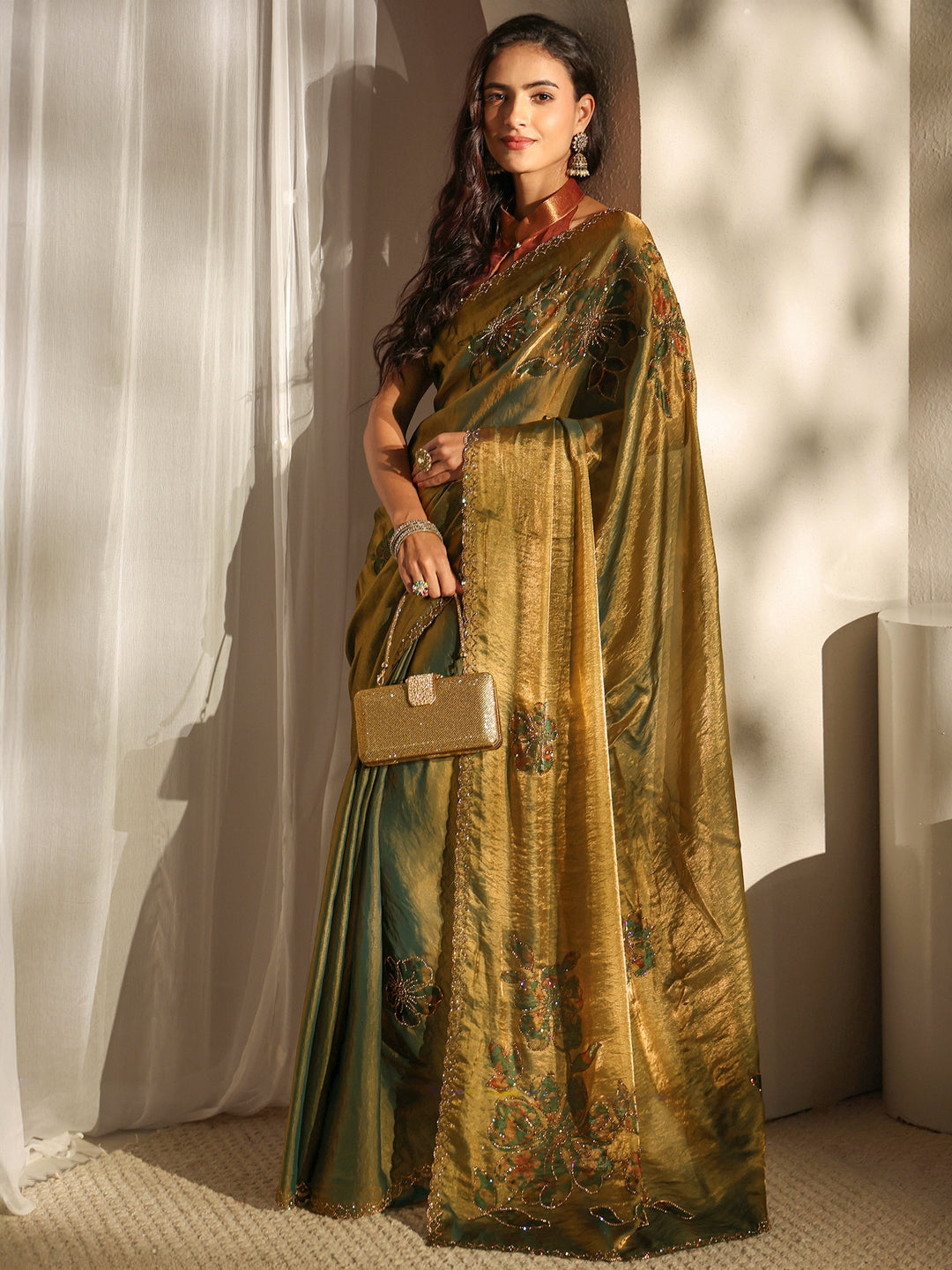  Libas Green Floral Embellished Tissue Saree With Unstitched Blouse Piece 