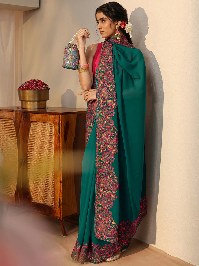 Libas Green Floral Embroidered Border Georgette Saree
