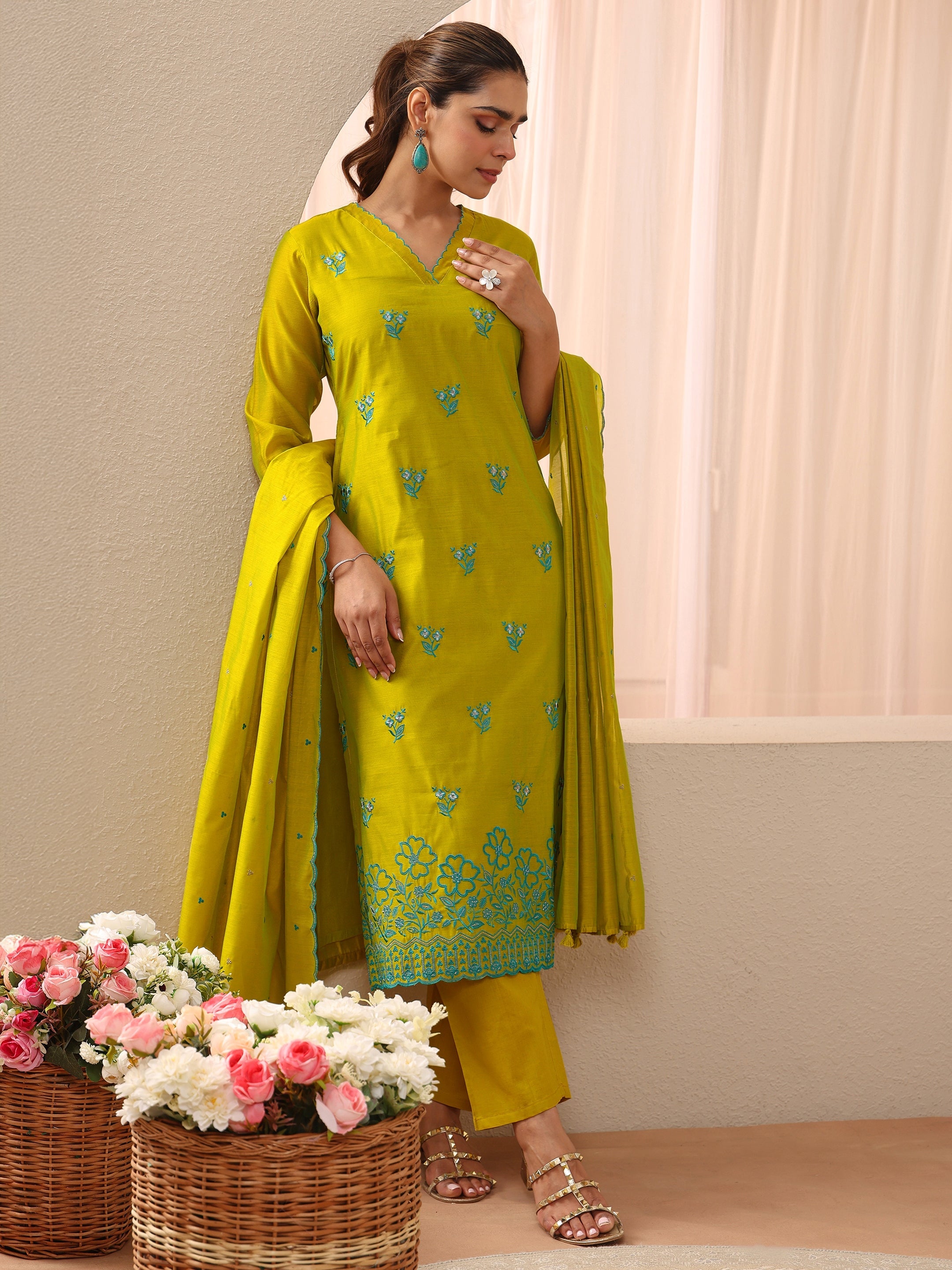 Green Floral Embroidered Chanderi Silk Straight Suit Set-image-33