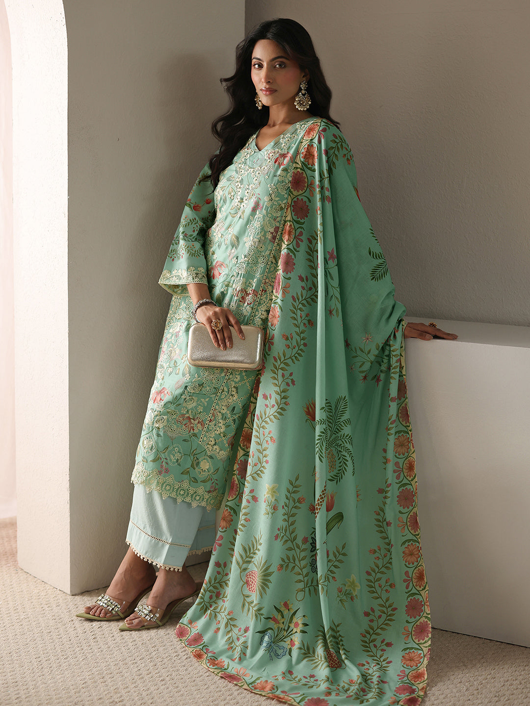 libas Green Floral Embroidered Cotton Blend Straight Suit Set With Dupatta-picture-33