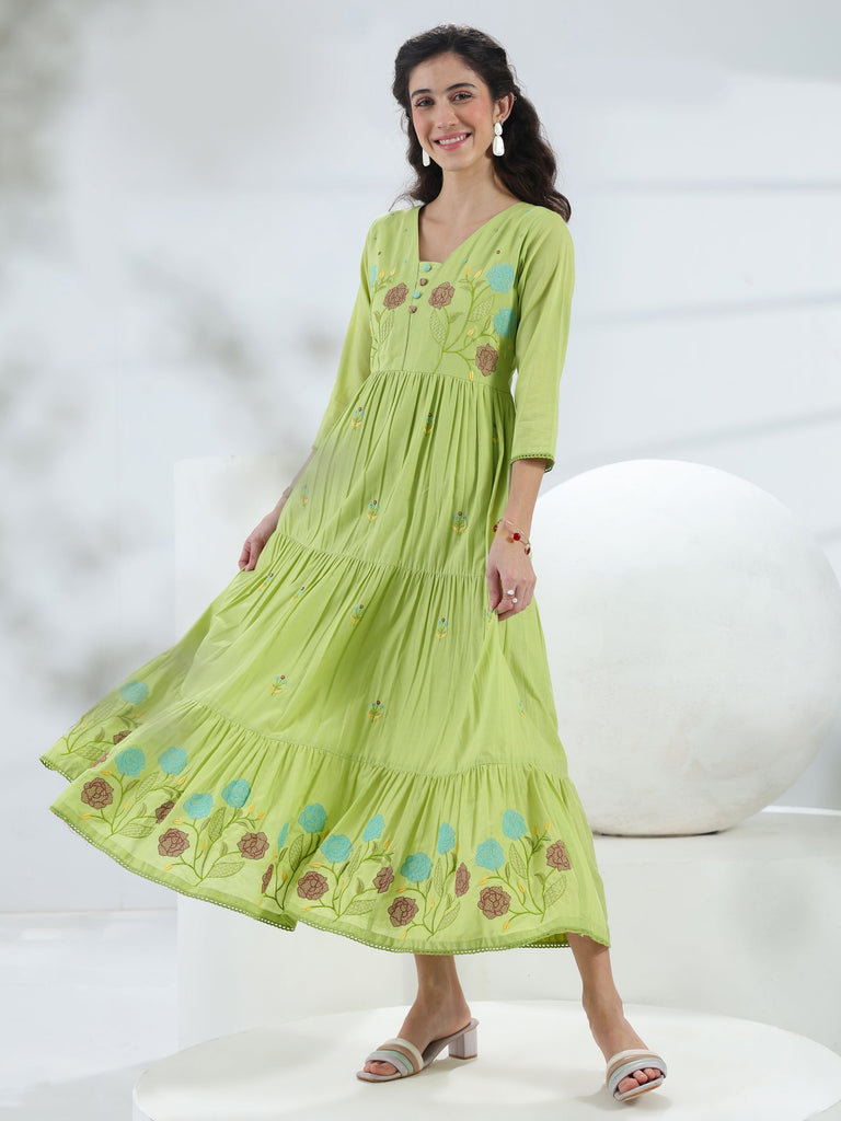 Libas Green Floral Embroidered Cotton Fit-And-Flare One-Piece Dress