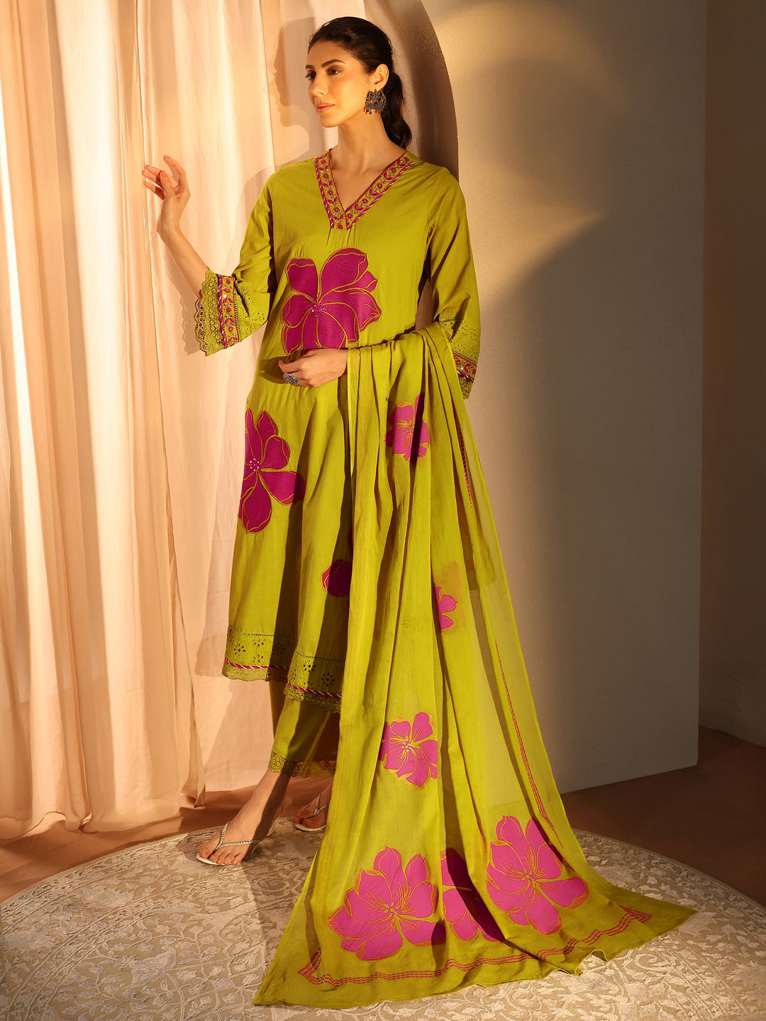  Green Floral Embroidered Cotton Straight Suit Set With Dupatta 
