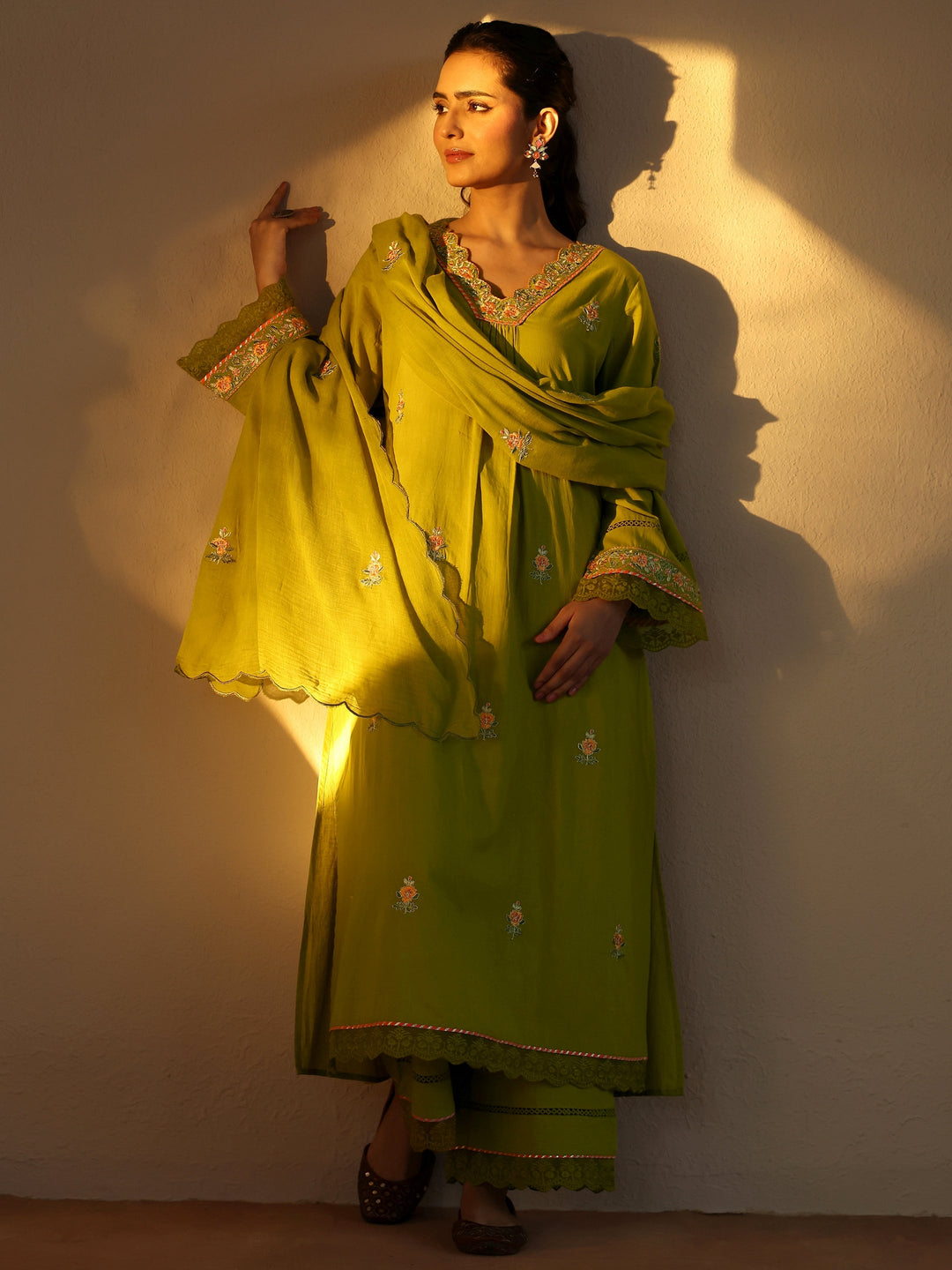  Green Floral Embroidered Cotton Straight Suit Set With Dupatta 